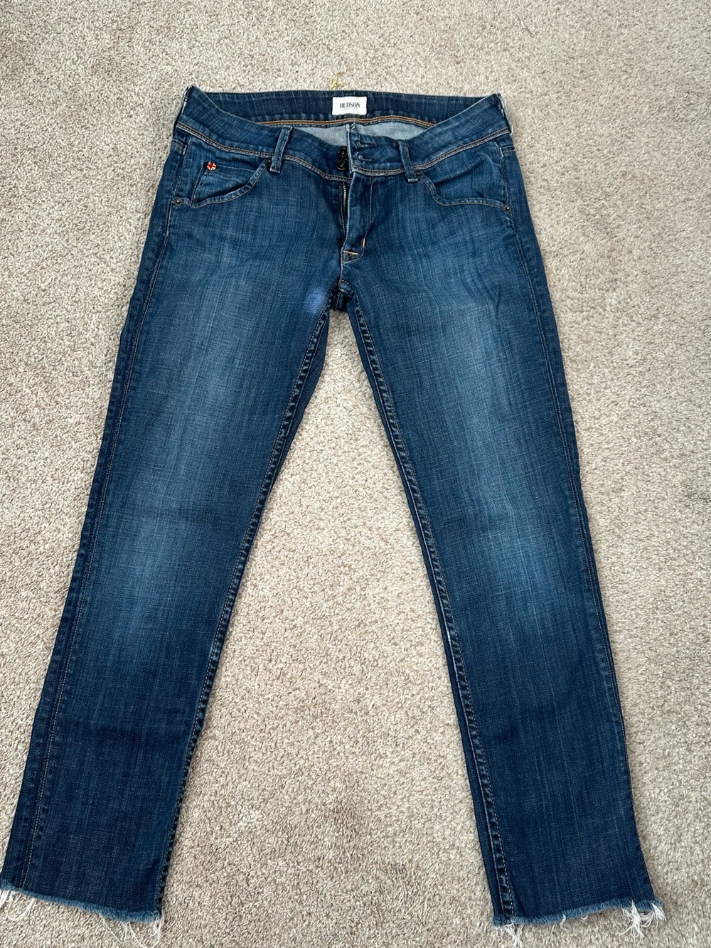 Dark Wash Women’s Hudson Frayed Ankle Jeans w/Double Button Size 27